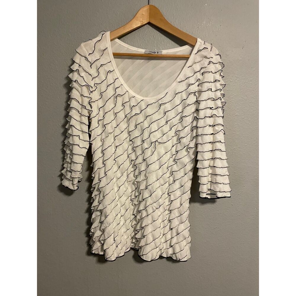 Vintage Only 9 Women Top Medium White Ruffle Sheer Stretch Artsy Avant Garde 90s